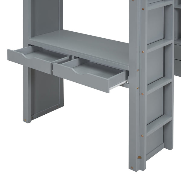 English Elm Twin Loft Bed with Built-in Desk Open Shelving and Led Lighting for Kids Rooms Gray LT000366AAE
