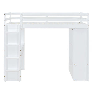 English Elm Twin Loft Bed with Built-in Desk Open Shelving and Led Lighting for Kids Rooms White LT000366AAK