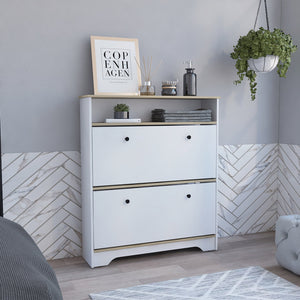 English Elm Shoe Rack 46" H Light Oak-White Finish, Holds 12 Pairs, Two Drawers, Two Doors, Modern Storage B097133215