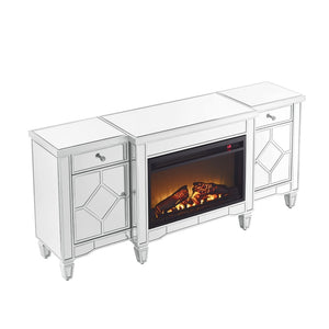 English Elm W 57 Inch Glossy Silver Electric Fireplace Tv Console with Mirrored Surround and Led Flame W1005S00006