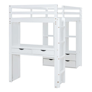 English Elm Twin Loft Bed with Built-in Desk Open Shelving and Led Lighting for Kids Rooms White LT000366AAK