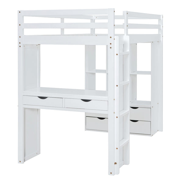 English Elm Twin Loft Bed with Built-in Desk Open Shelving and Led Lighting for Kids Rooms White LT000366AAK