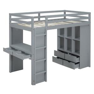 English Elm Twin Loft Bed with Built-in Desk Open Shelving and Led Lighting for Kids Rooms Gray LT000366AAE