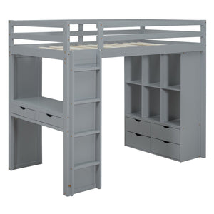 English Elm Twin Loft Bed with Built-in Desk Open Shelving and Led Lighting for Kids Rooms Gray LT000366AAE