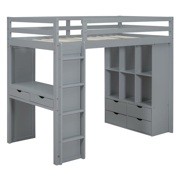English Elm Twin Loft Bed with Built-in Desk Open Shelving and Led Lighting for Kids Rooms Gray LT000366AAE