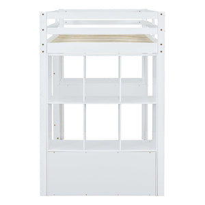 English Elm Twin Loft Bed with Built-in Desk Open Shelving and Led Lighting for Kids Rooms White LT000366AAK