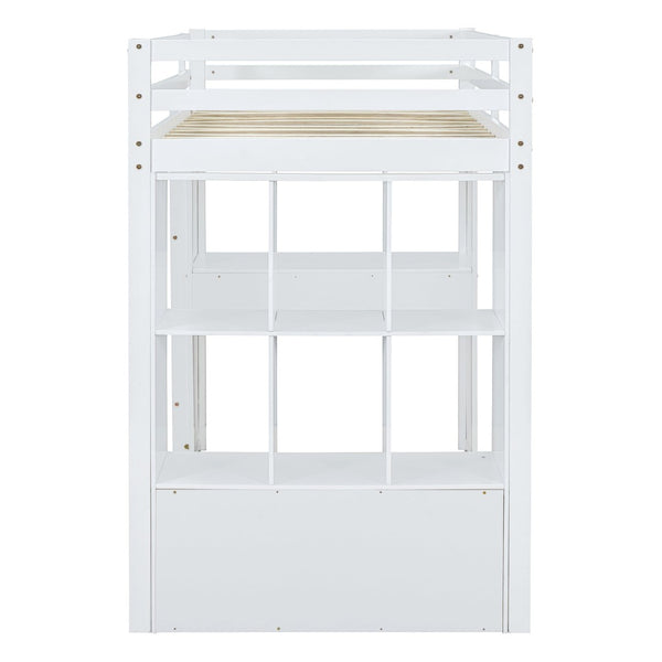 English Elm Twin Loft Bed with Built-in Desk Open Shelving and Led Lighting for Kids Rooms White LT000366AAK
