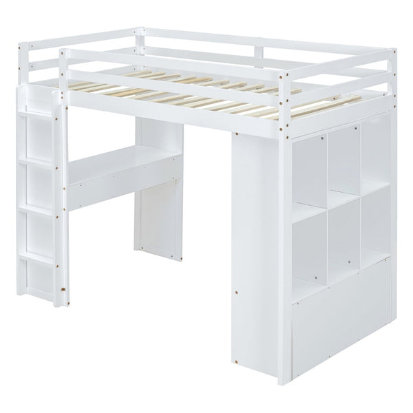 English Elm Twin Loft Bed with Built-in Desk Open Shelving and Led Lighting for Kids Rooms White LT000366AAK