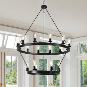 English Elm (NEW Retro 2-Tier Ironwork Chandelier 53" High x 40" Wide Industrial Exposed Bulb Fixture, 18-Lamp W1340P155440