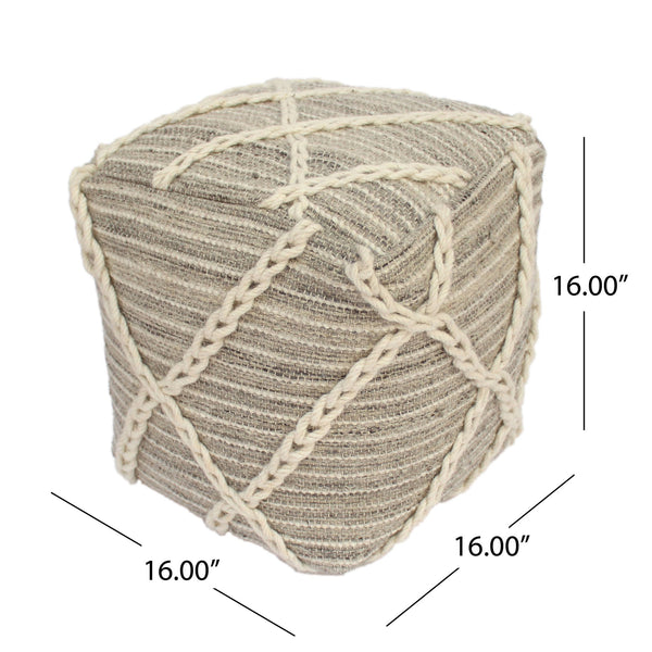 English Elm Rope Square Pouf Gray and Ivory Wool Ottoman Floor Cushion 20" Cube Polystyrene Beads, 200lb Cap B181P162888