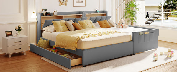 English Elm Queen Upholstered Platform Bed with Twin XL, Hydraulic Storage, USB Ports, Rail Converts to Two Beds SF000116AAE