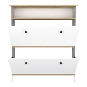 English Elm Shoe Rack 46" H Light Oak-White Finish, Holds 12 Pairs, Two Drawers, Two Doors, Modern Storage B097133215