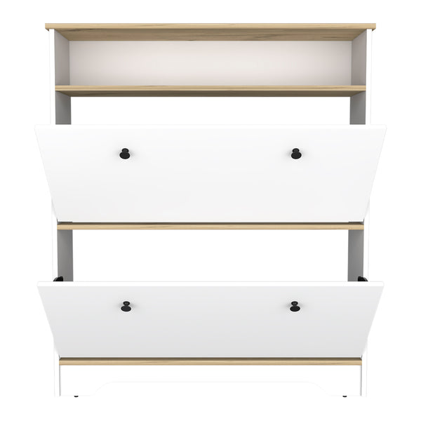 English Elm Shoe Rack 46" H Light Oak-White Finish, Holds 12 Pairs, Two Drawers, Two Doors, Modern Storage B097133215