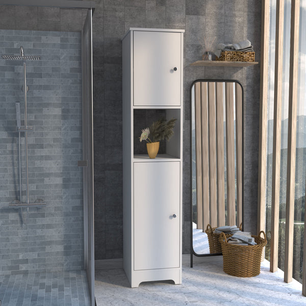 English Elm Double Double Door Cabinet 69" H White with Four Concealed Shelves and Open Display Shelf for Storage Elegance B097133219