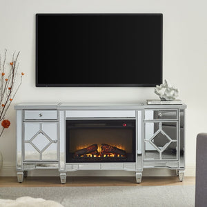 English Elm W 57 Inch Glossy Silver Electric Fireplace Tv Console with Mirrored Surround and Led Flame W1005S00006