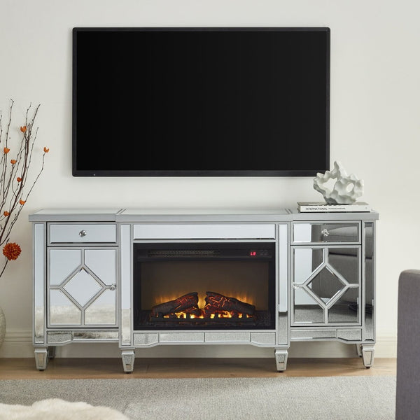 English Elm W 57 Inch Glossy Silver Electric Fireplace Tv Console with Mirrored Surround and Led Flame W1005S00006
