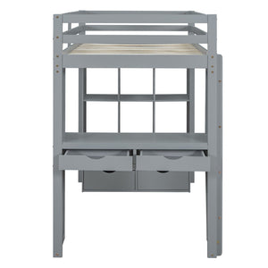 English Elm Twin Loft Bed with Built-in Desk Open Shelving and Led Lighting for Kids Rooms Gray LT000366AAE