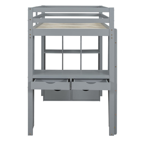 English Elm Twin Loft Bed with Built-in Desk Open Shelving and Led Lighting for Kids Rooms Gray LT000366AAE