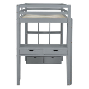 English Elm Twin Loft Bed with Built-in Desk Open Shelving and Led Lighting for Kids Rooms Gray LT000366AAE