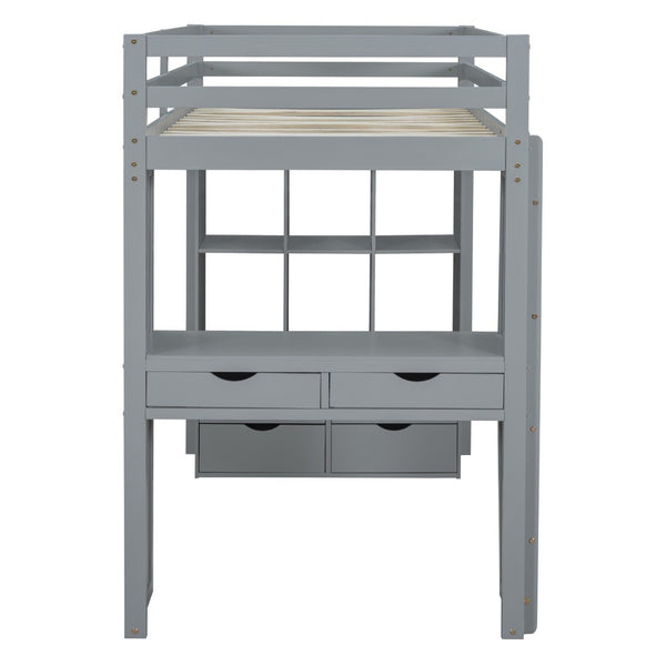 English Elm Twin Loft Bed with Built-in Desk Open Shelving and Led Lighting for Kids Rooms Gray LT000366AAE