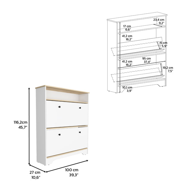English Elm Shoe Rack 46" H Light Oak-White Finish, Holds 12 Pairs, Two Drawers, Two Doors, Modern Storage B097133215