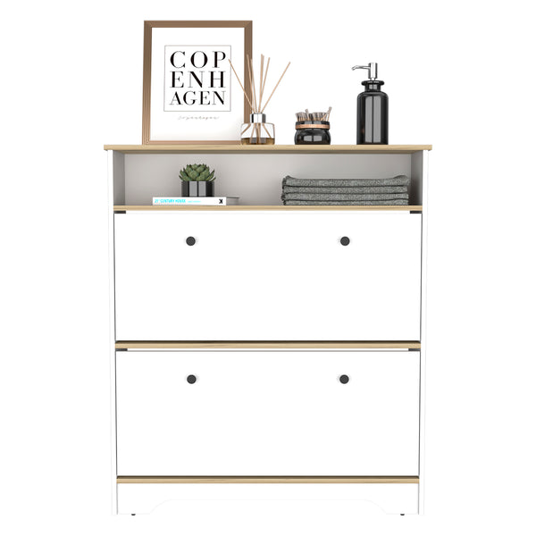 English Elm Shoe Rack 46" H Light Oak-White Finish, Holds 12 Pairs, Two Drawers, Two Doors, Modern Storage B097133215