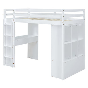 English Elm Twin Loft Bed with Built-in Desk Open Shelving and Led Lighting for Kids Rooms White LT000366AAK