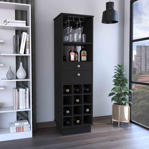 English Elm DEPOT Zircon Bar Cabinet Two Drawers Black – Elegant Storage with Six Wine Cubbies and Solid Base B097133220
