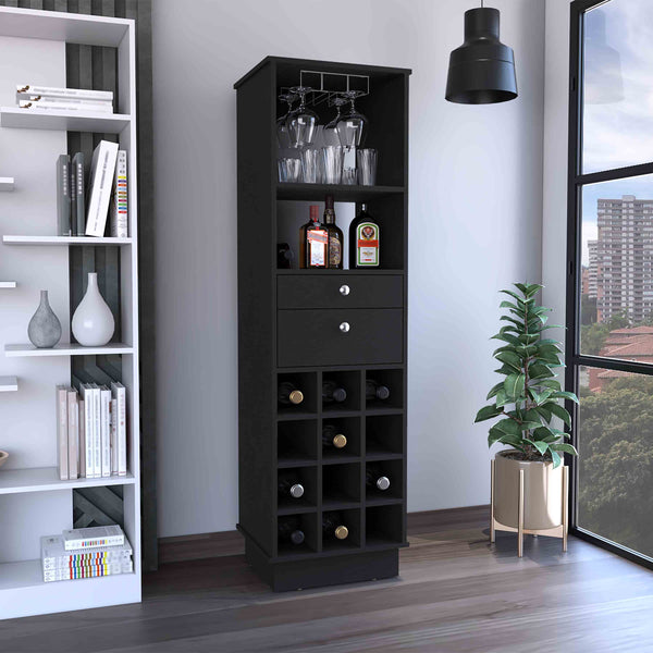 English Elm DEPOT Zircon Bar Cabinet Two Drawers Black – Elegant Storage with Six Wine Cubbies and Solid Base B097133220