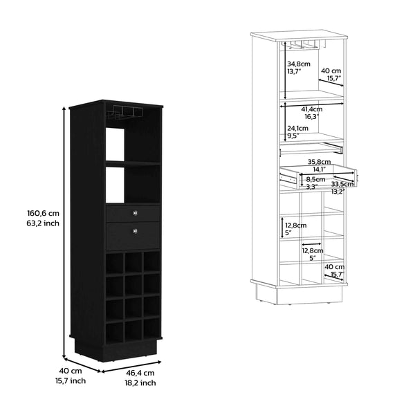 English Elm DEPOT Zircon Bar Cabinet Two Drawers Black – Elegant Storage with Six Wine Cubbies and Solid Base B097133220