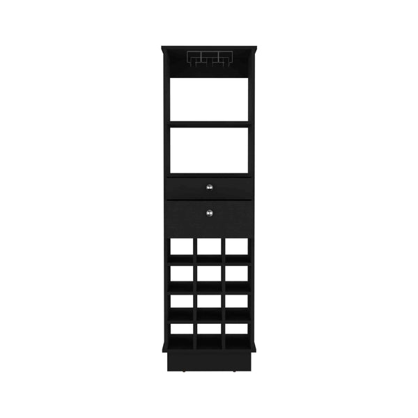 English Elm DEPOT Zircon Bar Cabinet Two Drawers Black – Elegant Storage with Six Wine Cubbies and Solid Base B097133220