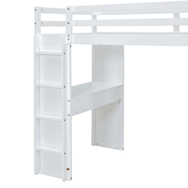 English Elm Full Size Loft Bed with Built-in Desk Shelves Led Lighting and Drawer Storage LT000367AAK