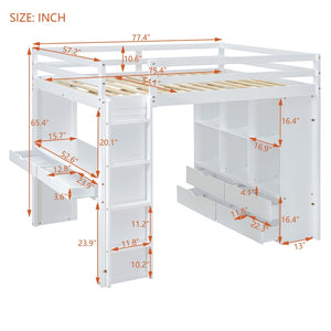 English Elm Full Size Loft Bed with Built-in Desk Shelves Led Lighting and Drawer Storage LT000367AAK