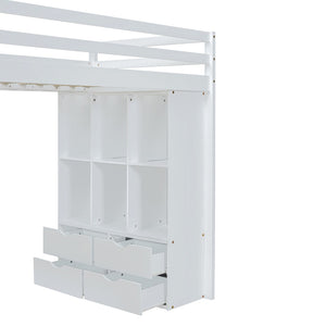 English Elm Twin Loft Bed with Built-in Desk Open Shelving and Led Lighting for Kids Rooms White LT000366AAK