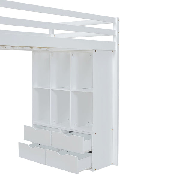 English Elm Twin Loft Bed with Built-in Desk Open Shelving and Led Lighting for Kids Rooms White LT000366AAK