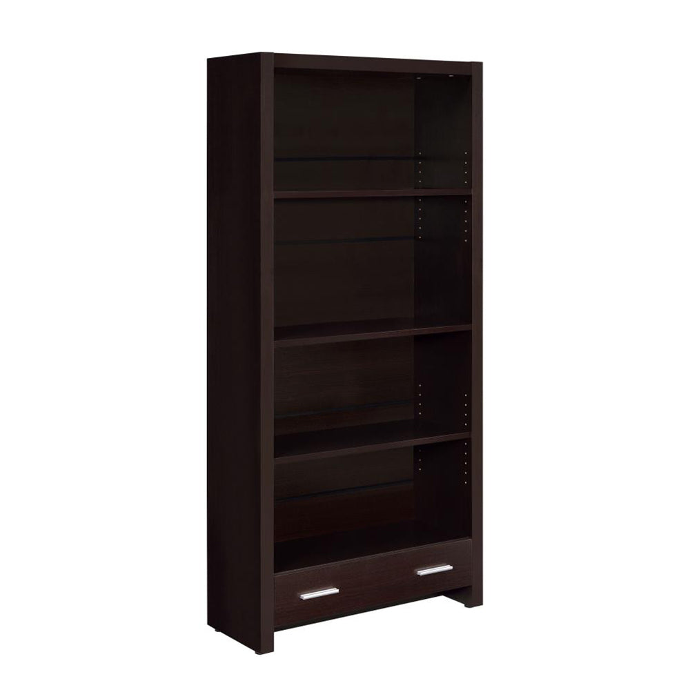 English Elm 4-Shelf Cappuccino Bookcase with Drawer, Smooth Metal Glides and Silver Pulls for Office Storage and Display B016P164159