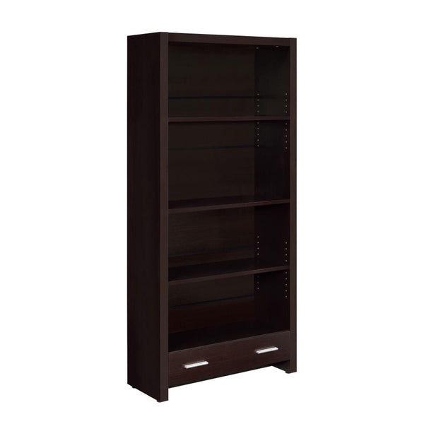 English Elm 4-Shelf Cappuccino Bookcase with Drawer, Smooth Metal Glides and Silver Pulls for Office Storage and Display B016P164159
