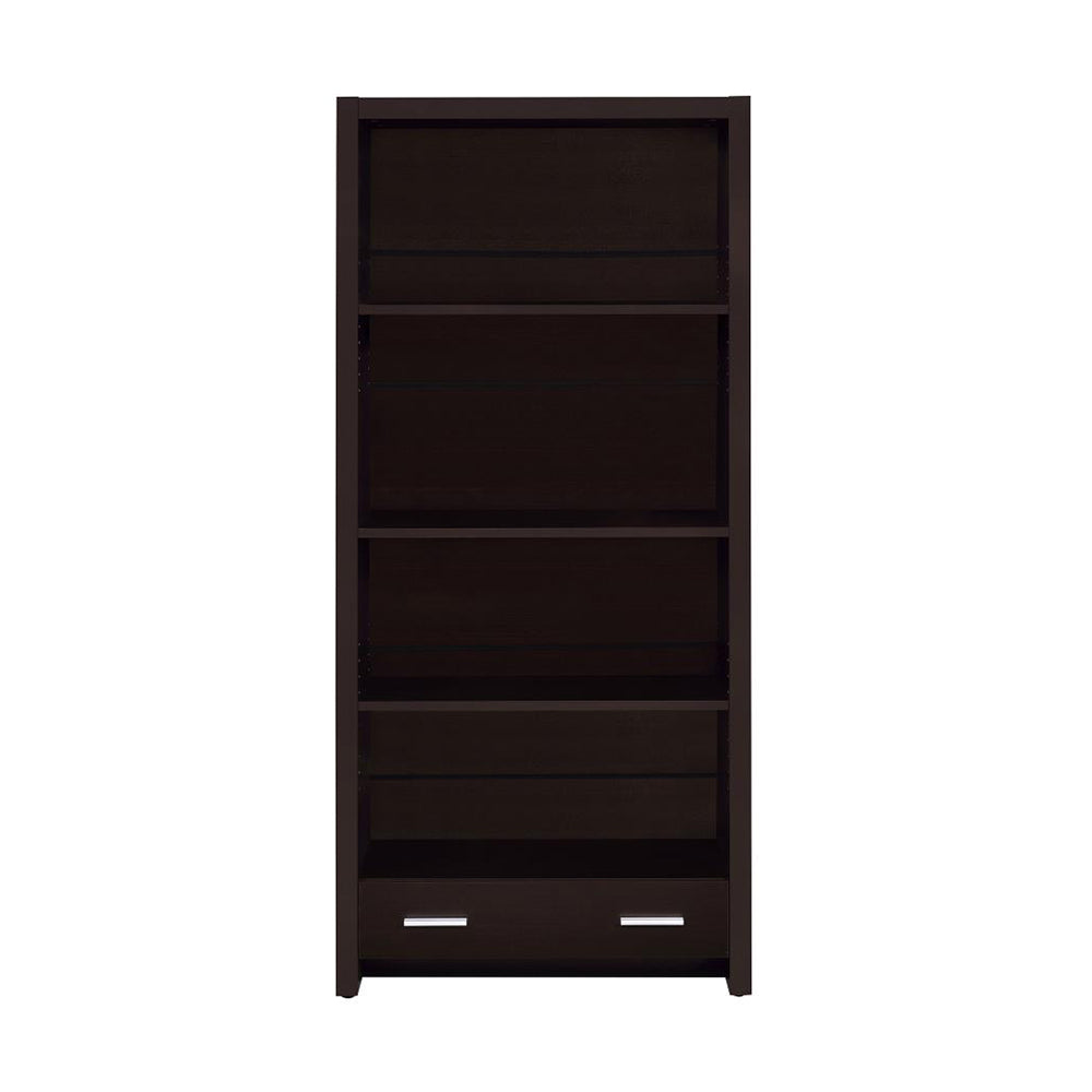 English Elm 4-Shelf Cappuccino Bookcase with Drawer, Smooth Metal Glides and Silver Pulls for Office Storage and Display B016P164159