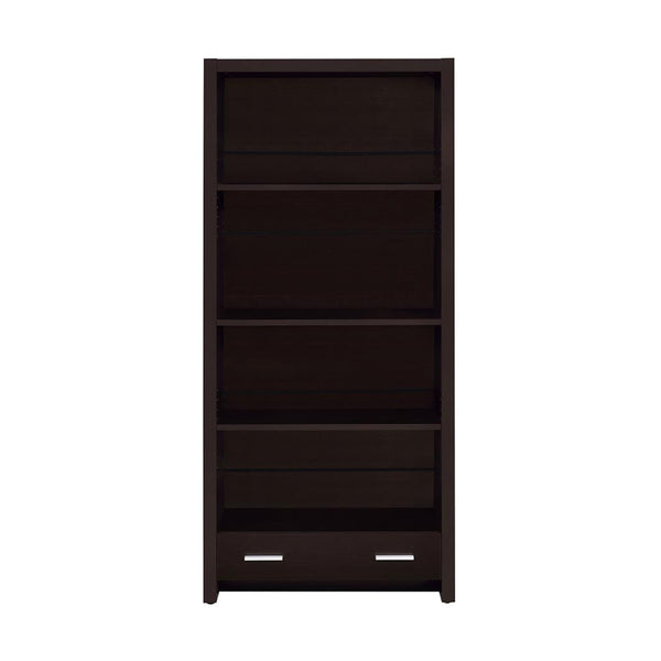 English Elm 4-Shelf Cappuccino Bookcase with Drawer, Smooth Metal Glides and Silver Pulls for Office Storage and Display B016P164159
