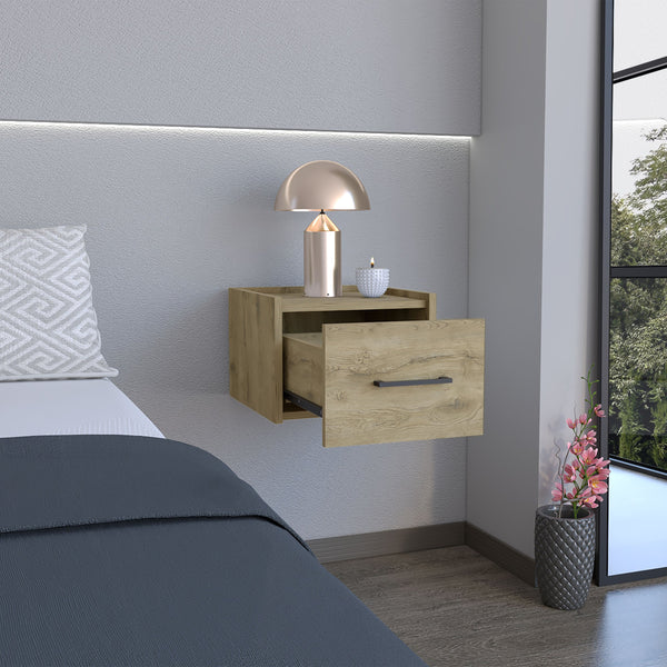 English Elm Floating Nightstand with Drawer and Open Shelf, Wall-Mounted Minimalist Design for Small Spaces Beige 17 L x 16 W x 5 H B097P163090