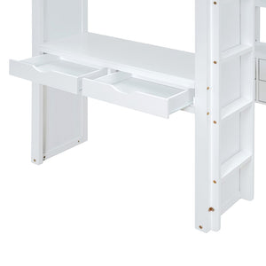 English Elm Twin Loft Bed with Built-in Desk Open Shelving and Led Lighting for Kids Rooms White LT000366AAK