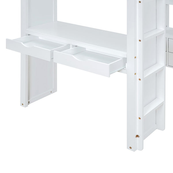 English Elm Twin Loft Bed with Built-in Desk Open Shelving and Led Lighting for Kids Rooms White LT000366AAK