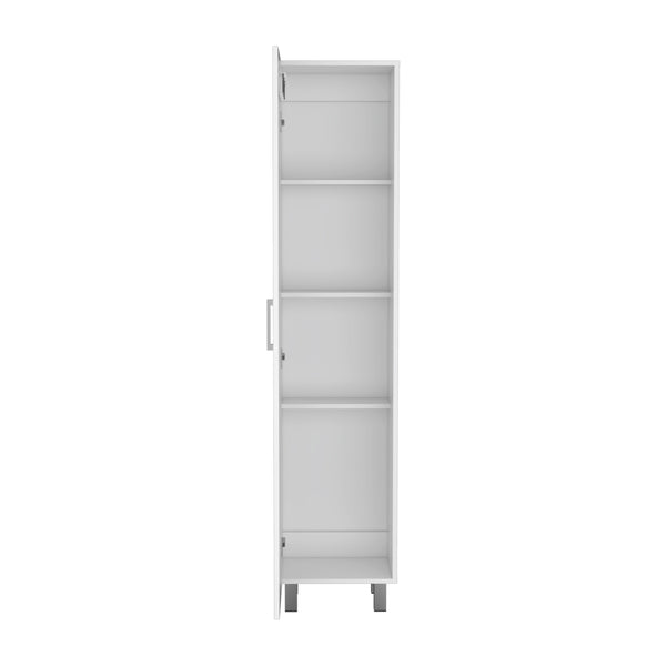 English Elm Storage Cabinet with Four Interior Shelves, Three Broom Hangers, Metal Legs for Organized Storage White 71.65 L x 20.86 W x 3.94 H B097133209