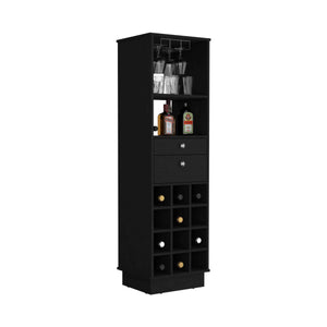 English Elm DEPOT Zircon Bar Cabinet Two Drawers Black – Elegant Storage with Six Wine Cubbies and Solid Base B097133220