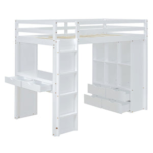 English Elm Full Size Loft Bed with Built-in Desk Shelves Led Lighting and Drawer Storage LT000367AAK