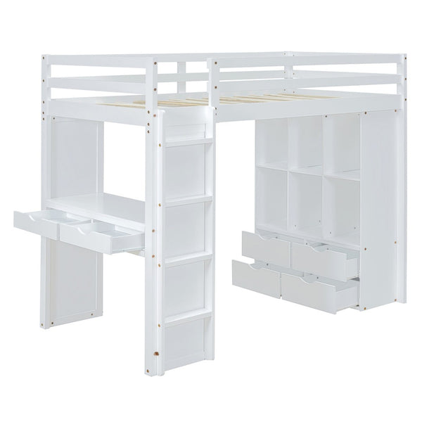 English Elm Full Size Loft Bed with Built-in Desk Shelves Led Lighting and Drawer Storage LT000367AAK