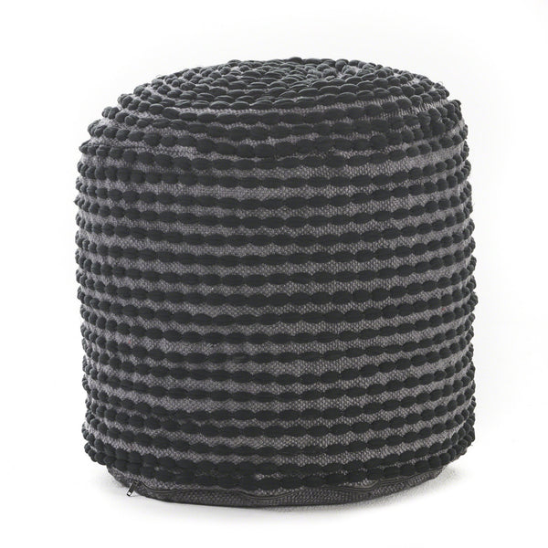 English Elm River Waterproof Handcrafted Cylindrical Pouf — Geometric Two-Tone Design, Indoor Durable Seating Black B181P162859