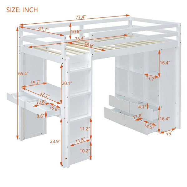 English Elm Twin Loft Bed with Built-in Desk Open Shelving and Led Lighting for Kids Rooms White LT000366AAK