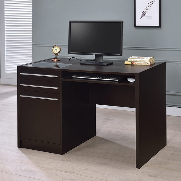 English Elm Connect-it Cappuccino Office Desk with Tempered Glass, Lift-Top Power Outlet, 3 Drawers & Cabinet B016P163683