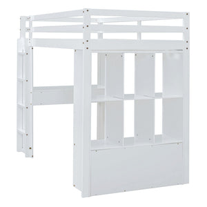 English Elm Full Size Loft Bed with Built-in Desk Shelves Led Lighting and Drawer Storage LT000367AAK